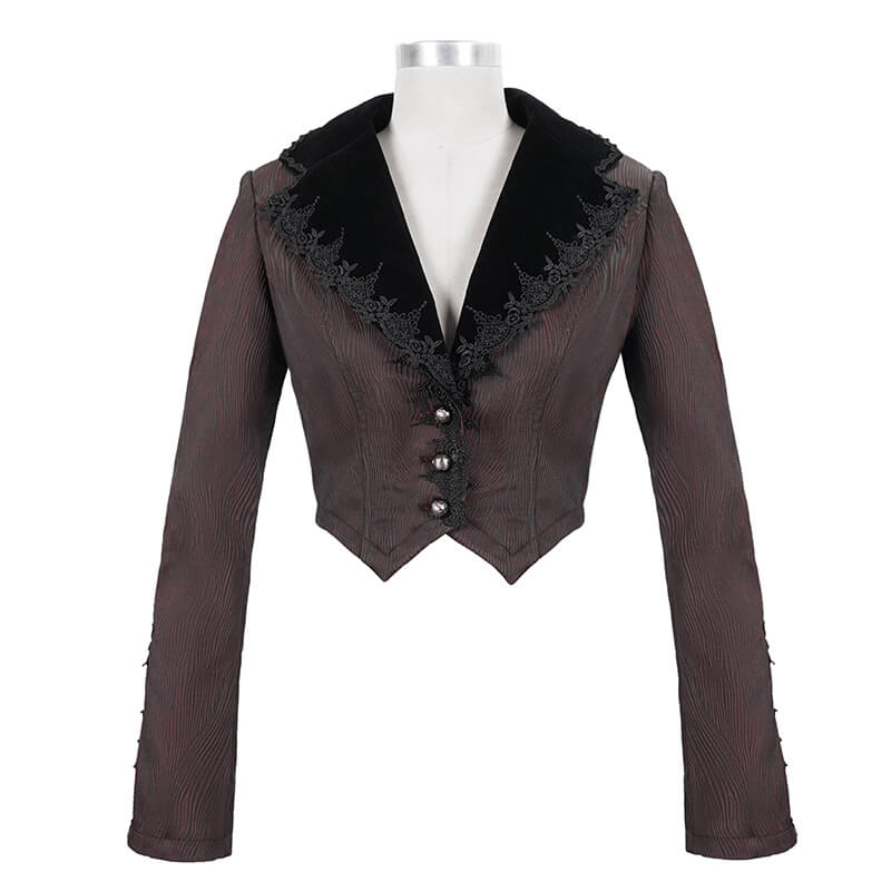 Women's Gothic flare sleeved lace splice wine red jacket with black collar and elegant buttons.