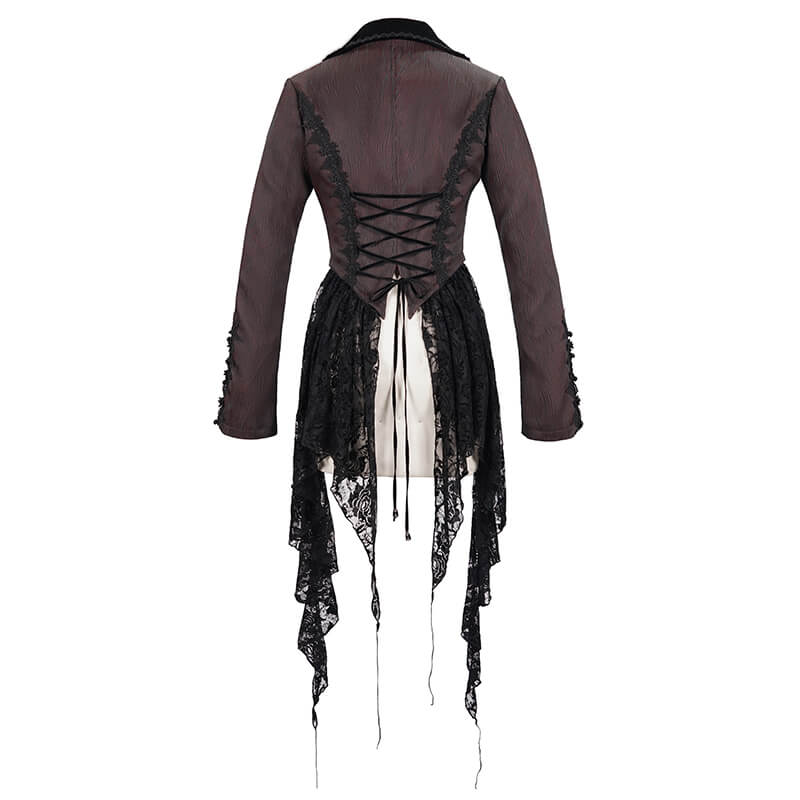 Back view of a women's wine red gothic lace spliced jacket with flare sleeves and elegant lace details.
