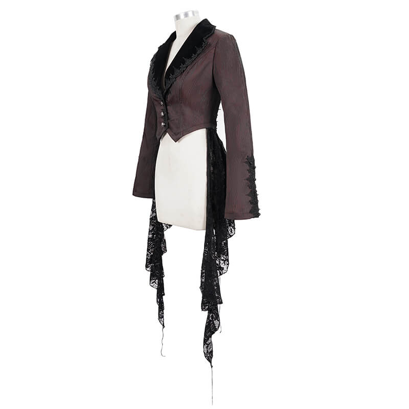 Women's gothic wine red jacket with lace splices and flare sleeves, perfect for vintage-inspired outfits.
