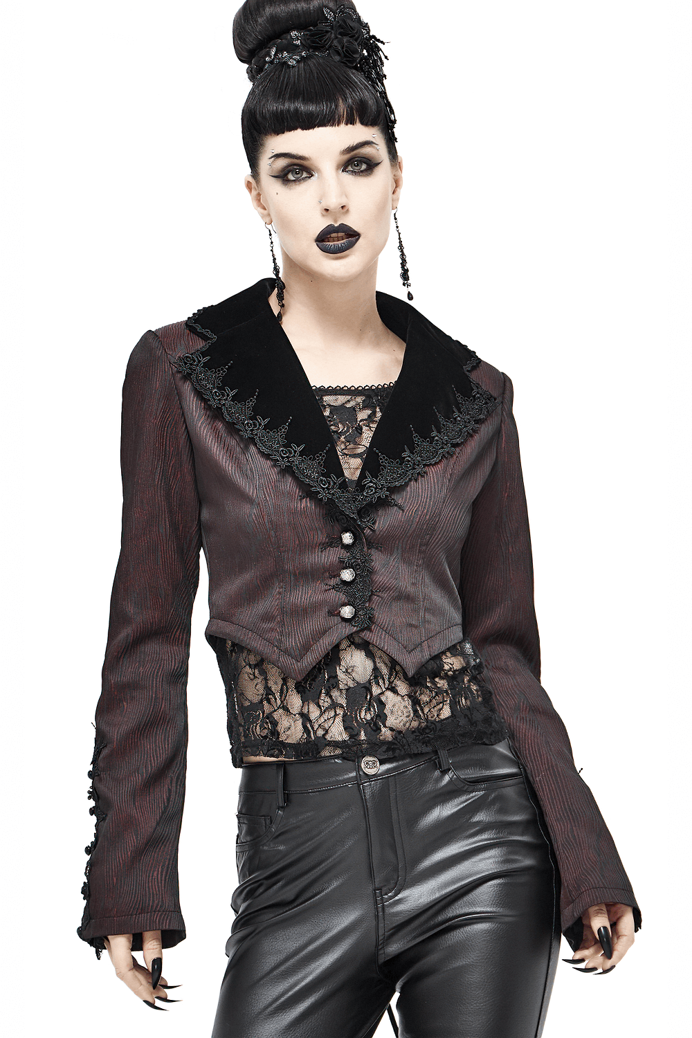 Women's gothic flare sleeved lace splice wine red jacket with vintage design and elegant decor.