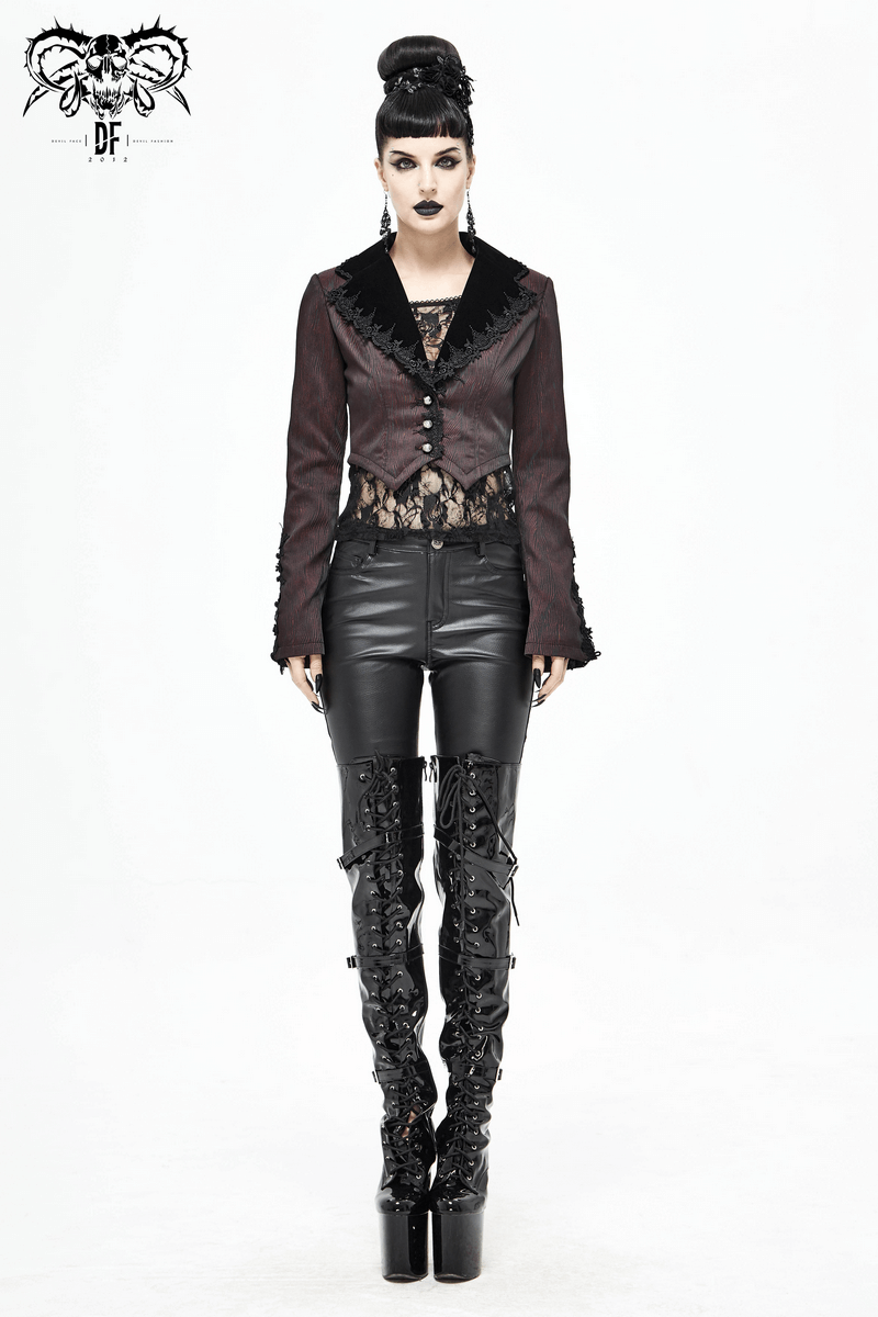 Gothic women's wine red flare-sleeved jacket with lace inserts, styled with black leather pants and high-heeled boots.