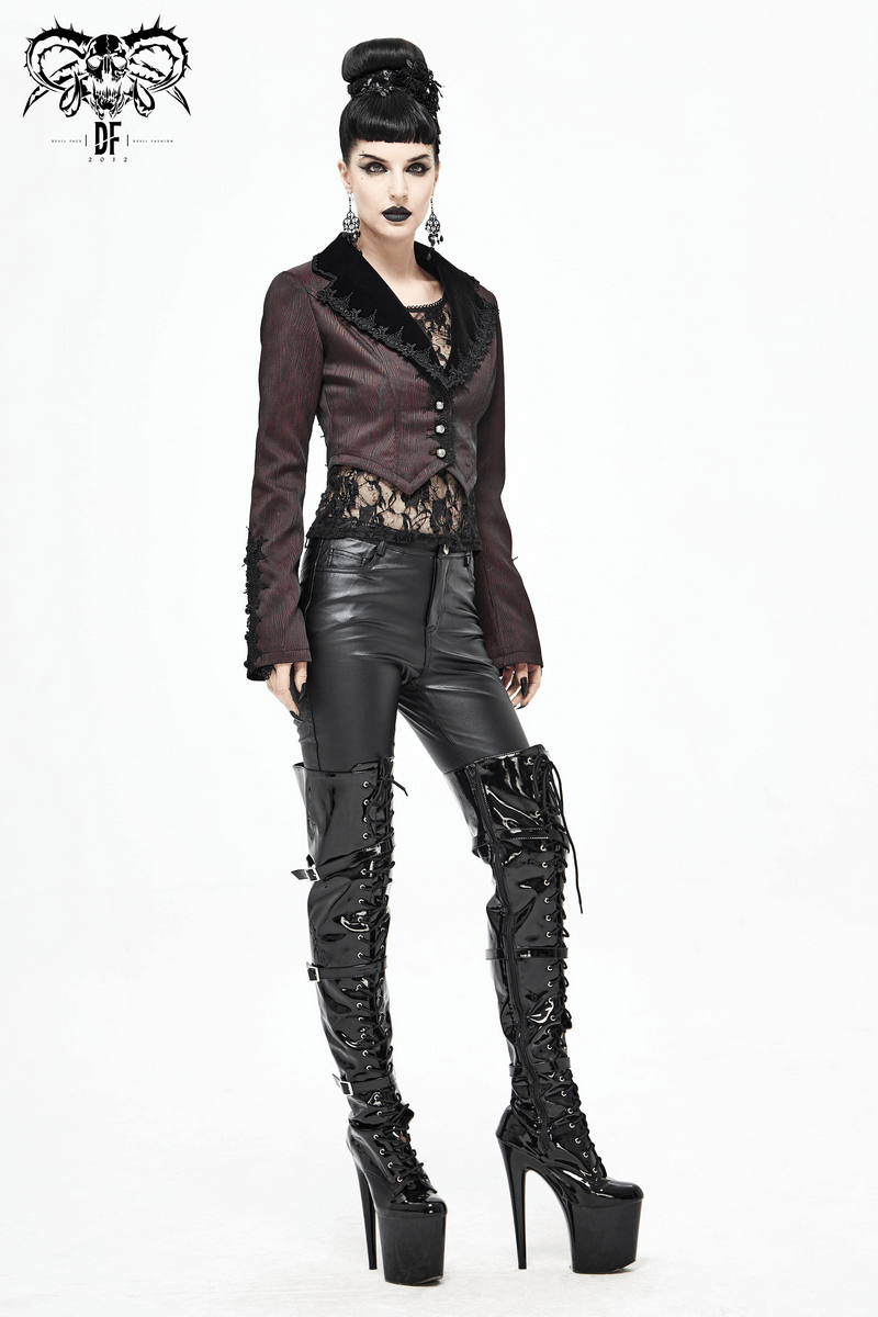 Model in a women's wine red Gothic flare sleeved jacket with lace details, paired with shiny black pants and high heels.