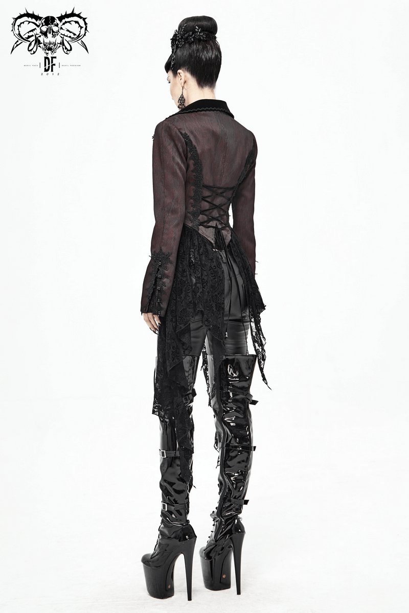 Back view of a woman in a lace spliced Gothic black jacket with corset details, paired with glossy black pants and high heels.