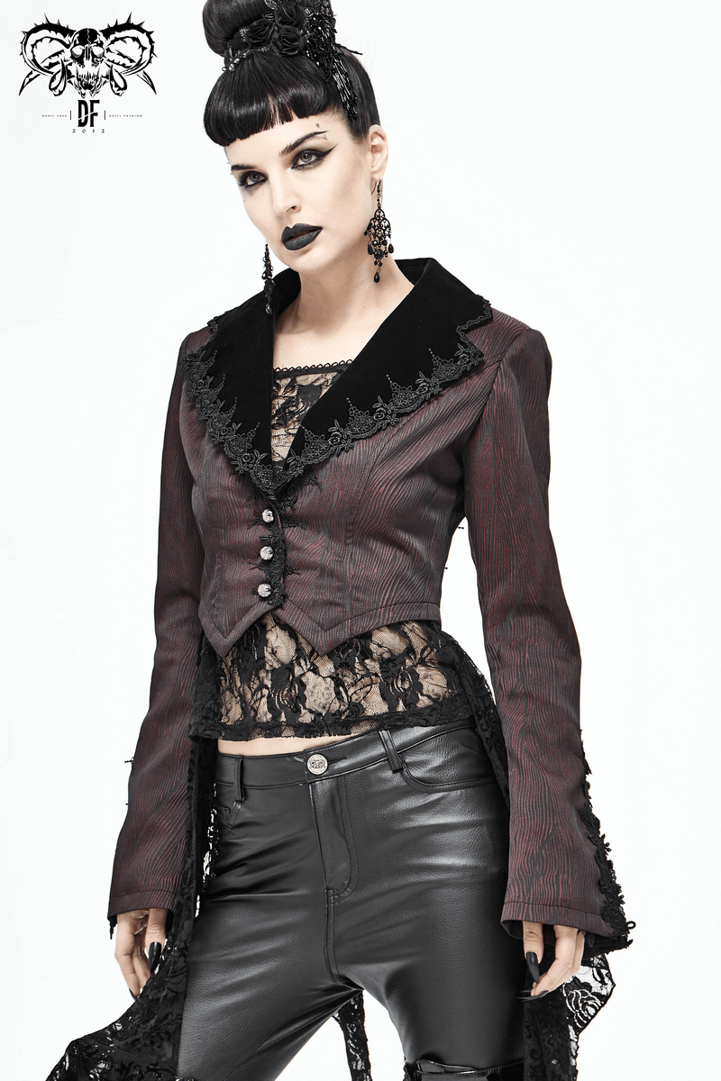 Women’s Gothic flare sleeve jacket in wine red with lace detail, perfect for vintage-inspired fashion.
