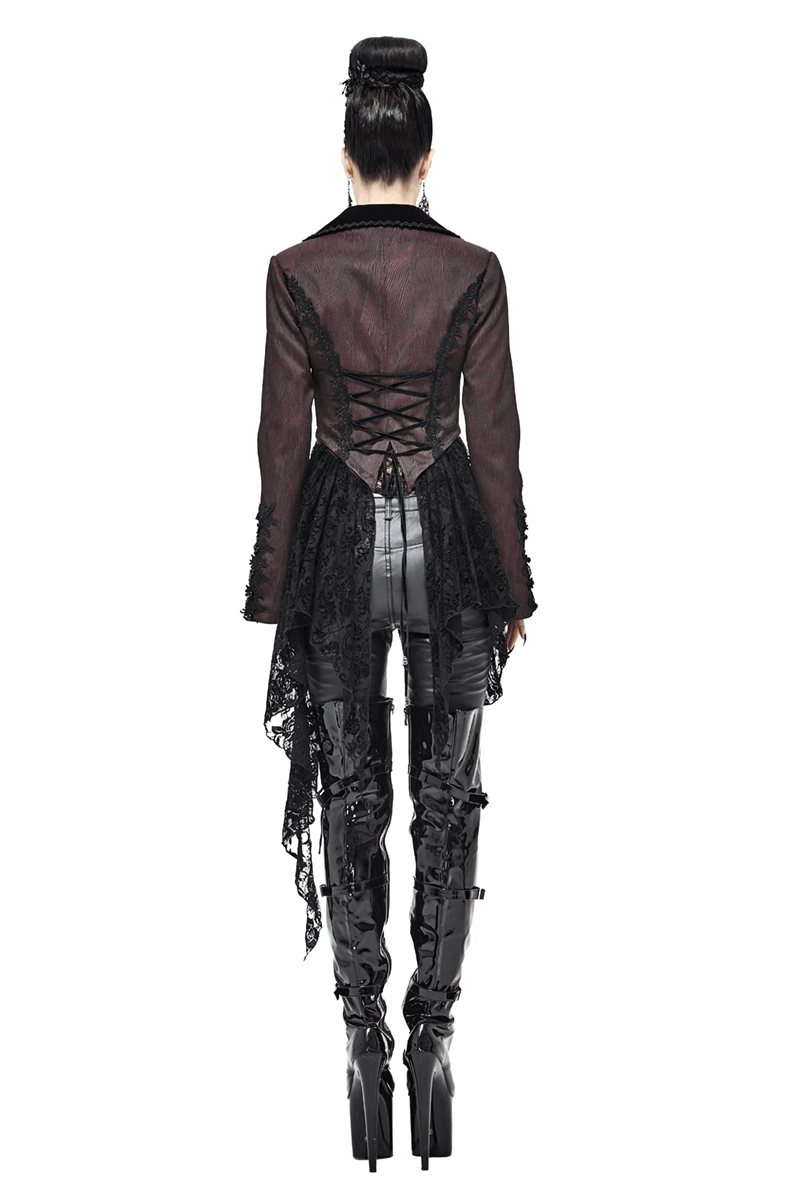 Back view of women's vintage gothic flare sleeved lace splice wine red jacket with elegant lace details, paired with stylish leather pants.
