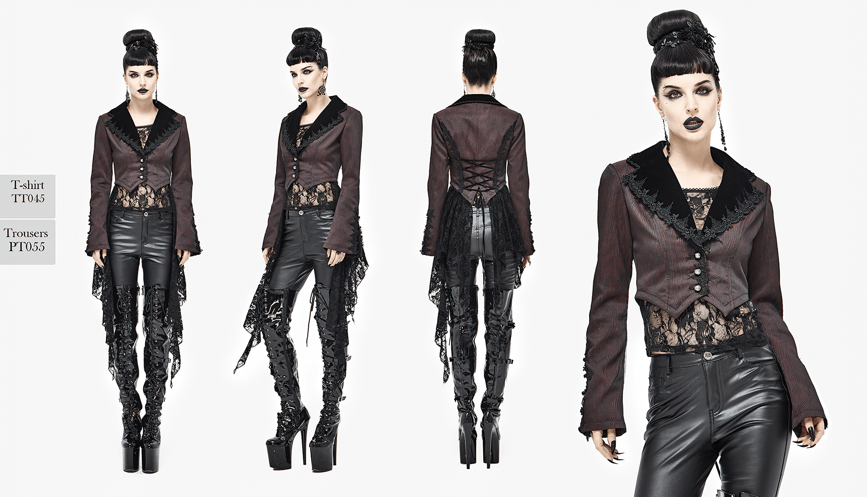 Women's gothic wine red lace splice jacket with flare sleeves, styled with black leather pants and platform heels.