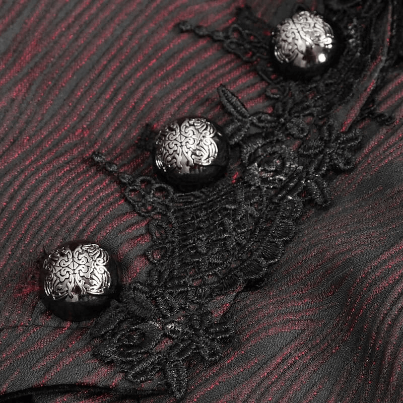 Close-up of women's gothic wine red jacket featuring lace inserts and ornate buttons for a vintage flair.