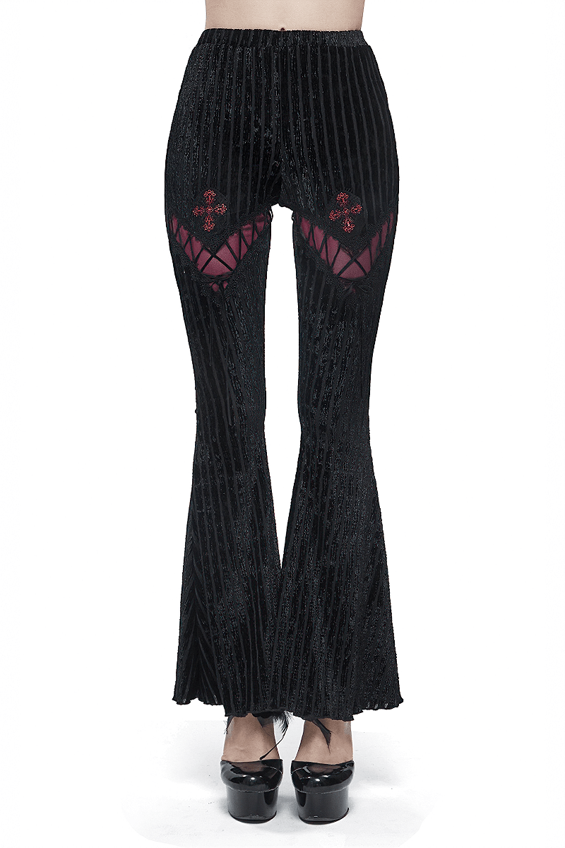 Women's Gothic Flare Striped Pants / Stylish Black Pants Lace & Burgundy Glued Cross - HARD'N'HEAVY