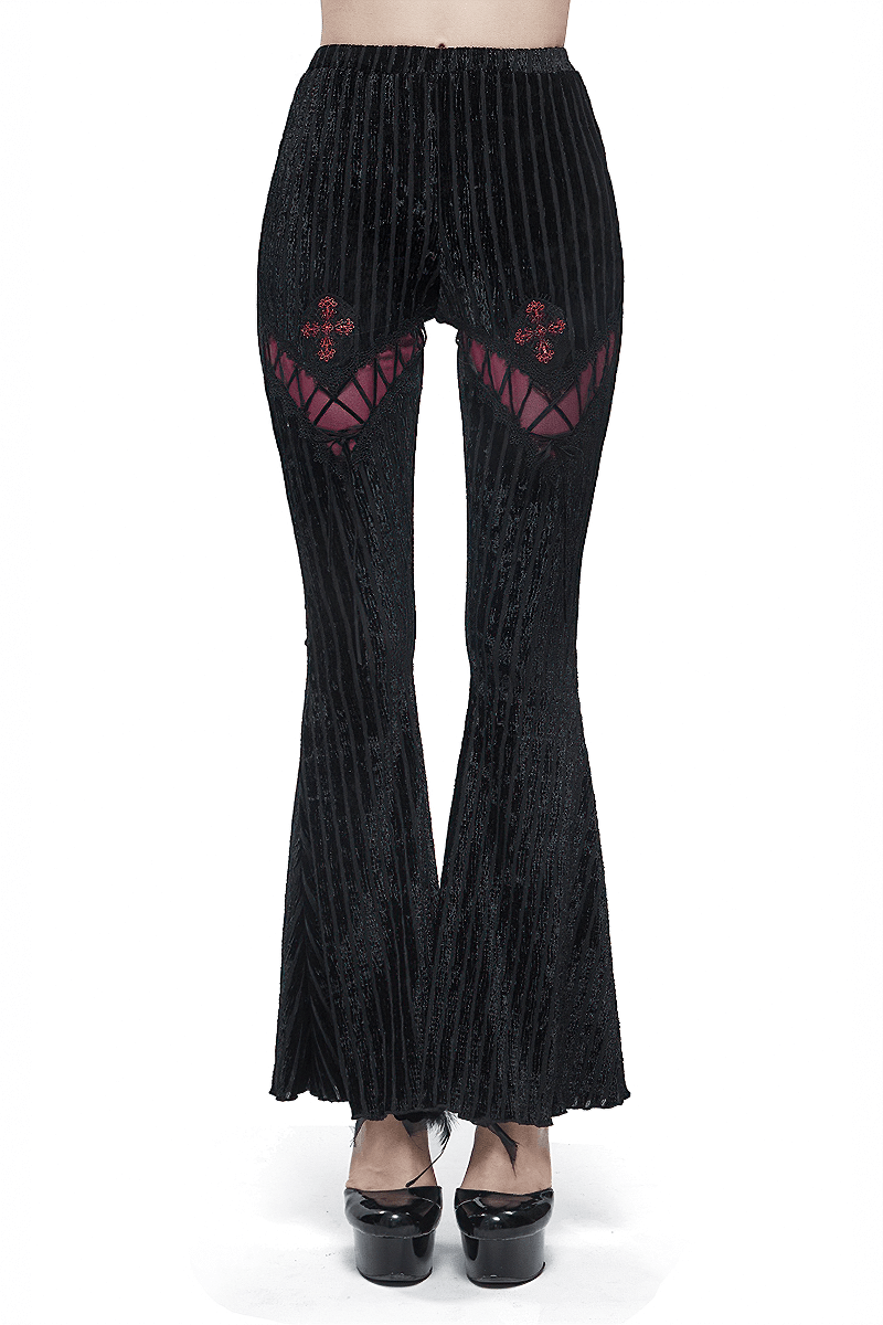 Stylish women's gothic flare pants with lace and burgundy accents for a trendy look.
