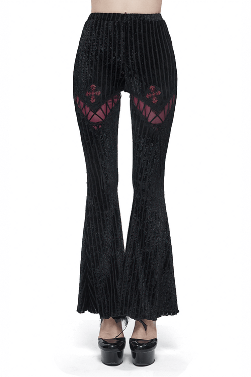 Women's Gothic Flare Striped Pants / Stylish Black Pants Lace & Burgundy Glued Cross