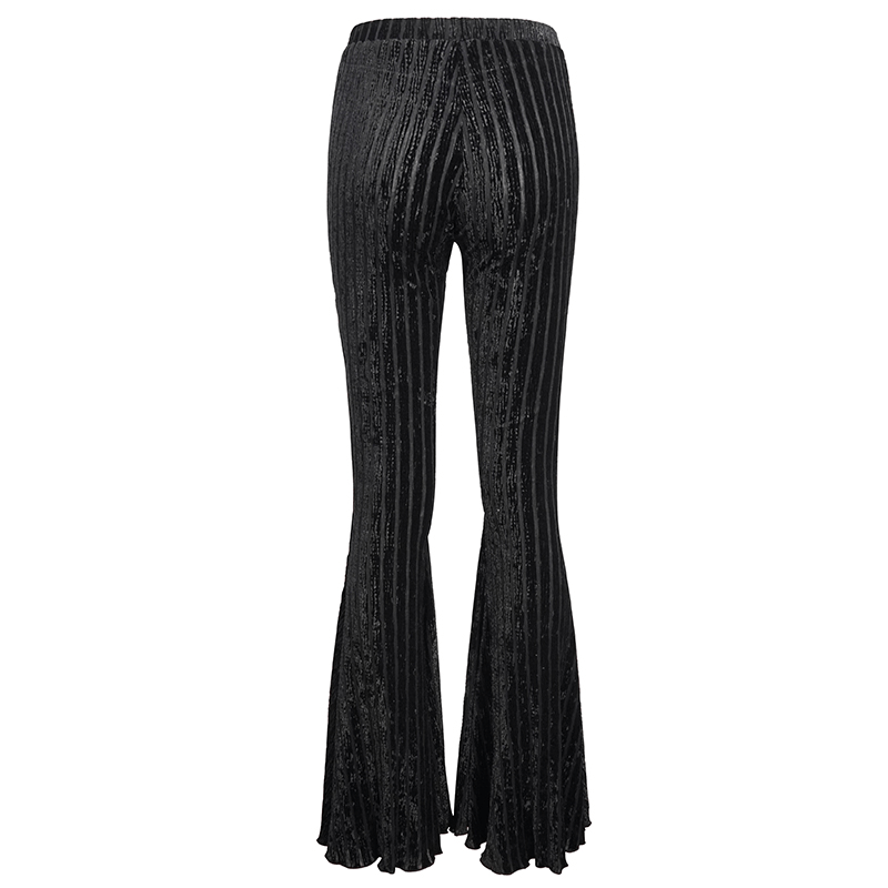 Stylish women's gothic black flared pants with elegant stripes and a unique lace design.