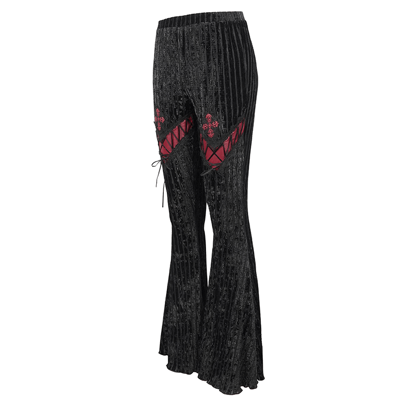 Women's gothic flare striped pants with lace and burgundy accents for stylish gothic fashion.