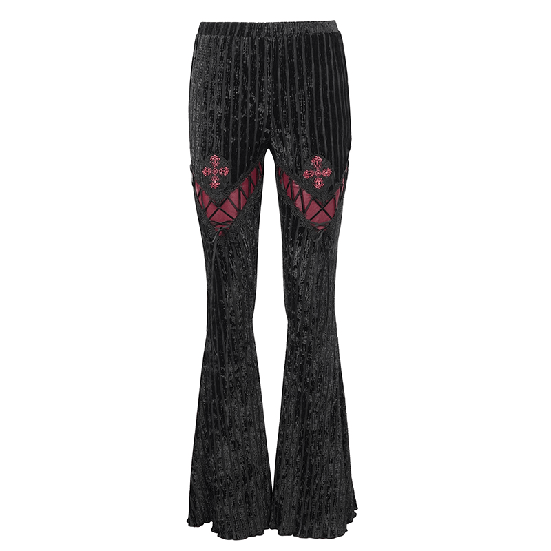 Women's gothic flare striped pants in black with lace and burgundy accents, perfect for a stylish gothic wardrobe.