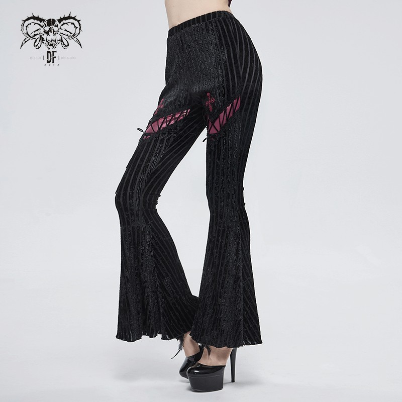 Women's Gothic flared pants in black with lace and burgundy accents, perfect for a stylish gothic look.