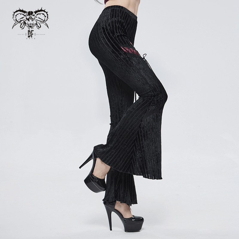 Stylish women's black gothic flared pants featuring lace and burgundy accents, perfect for a bold wardrobe.