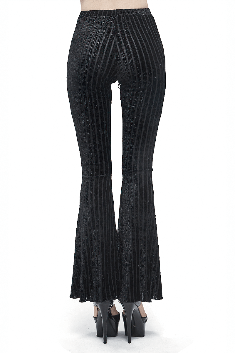Back view of stylish women's gothic black flared pants with lace and burgundy accents, perfect for any gothic wardrobe.