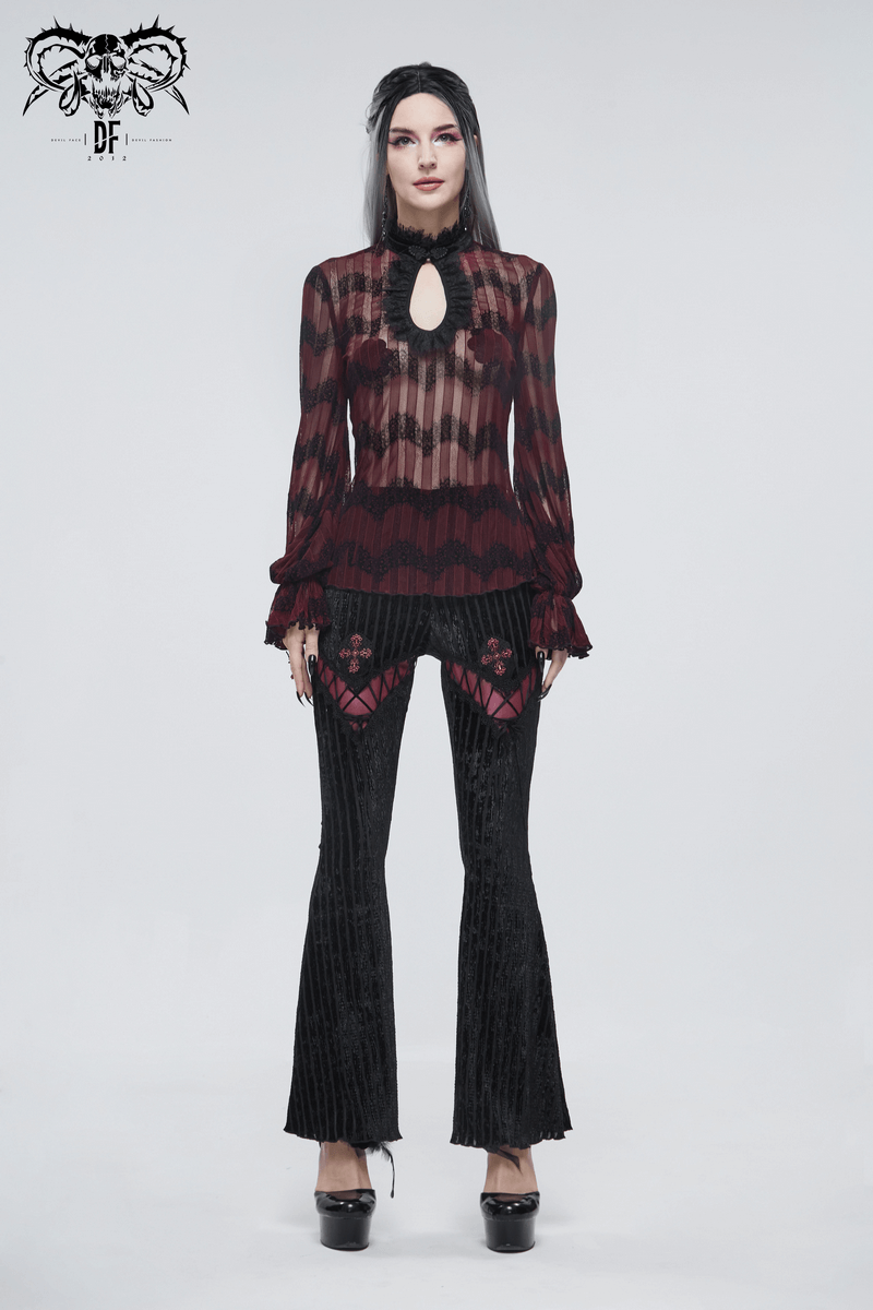 Stylish women's black gothic flared pants with lace and burgundy accents featuring a chic model pose.