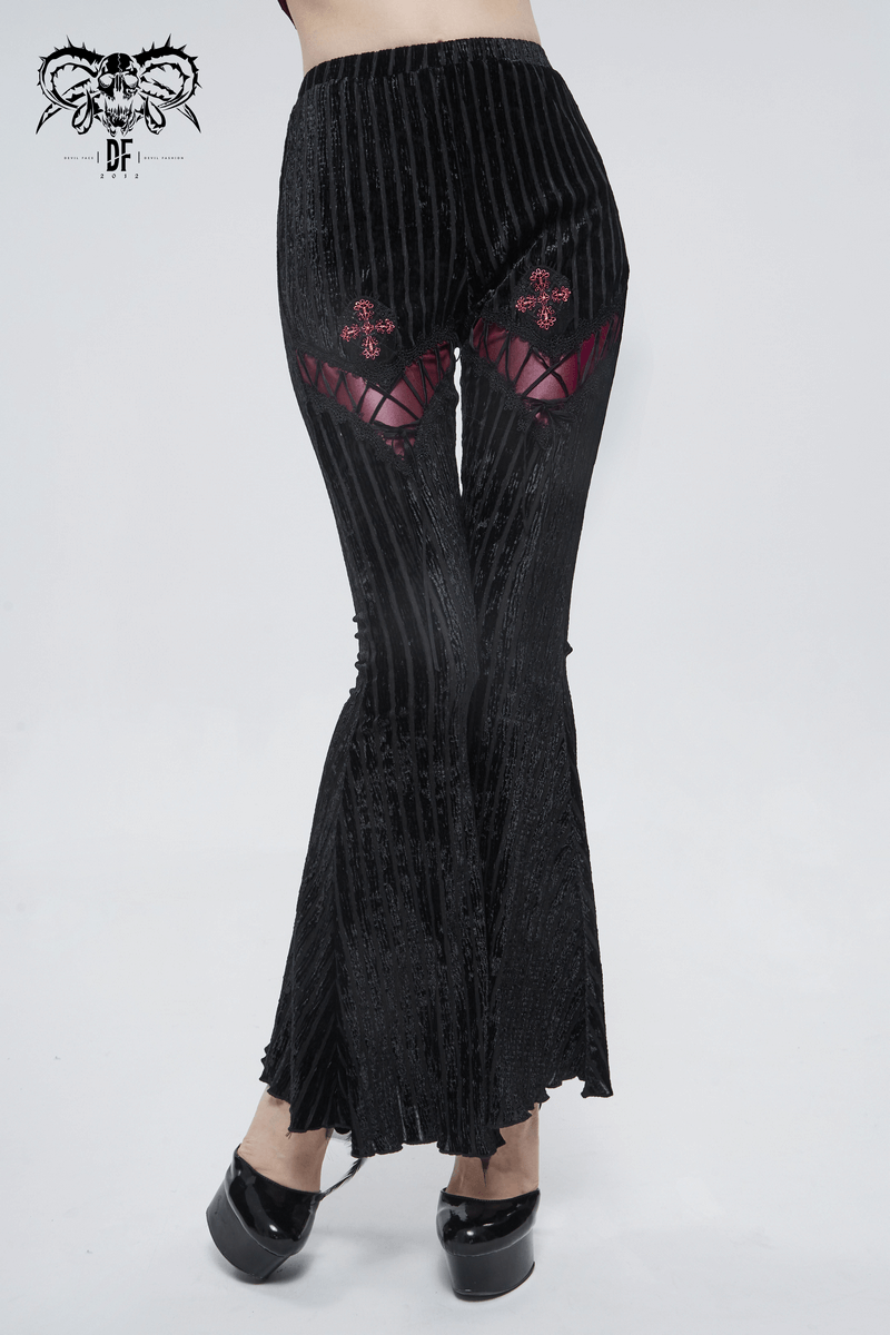 Women's Gothic flared black pants with lace and burgundy cross details, perfect for a stylish gothic look.