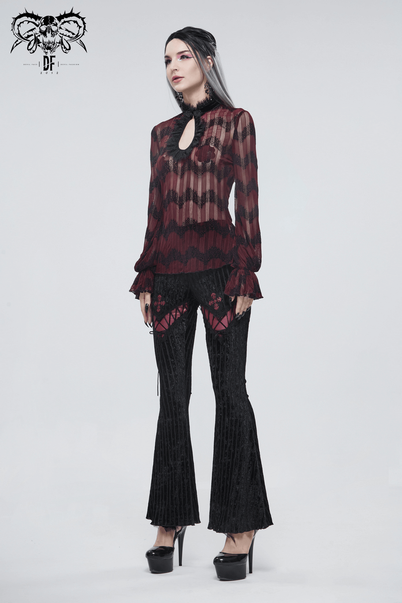 Stylish model in women's gothic flare striped pants with black lace and burgundy accents, showcasing a chic gothic look.