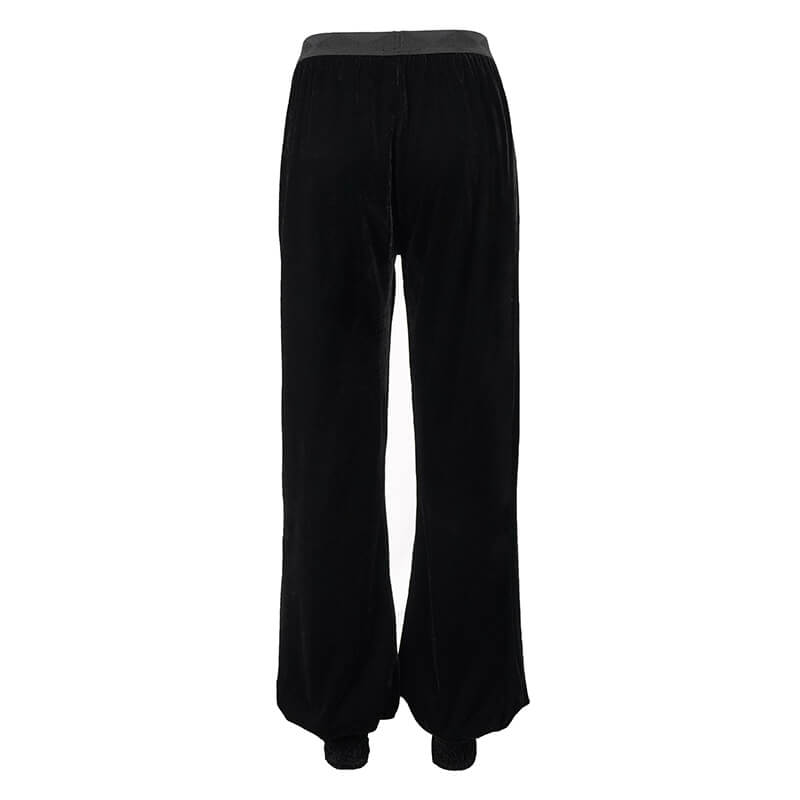 Women's Gothic Floral Embroidered Furcal Black Pants / Ladies Velvet Flared Trousers - HARD'N'HEAVY