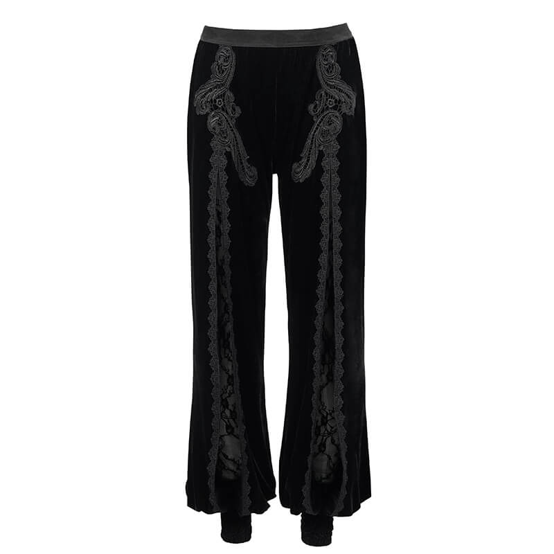 Women's gothic black velvet flared pants with lace inserts, perfect for a vintage-inspired outfit.