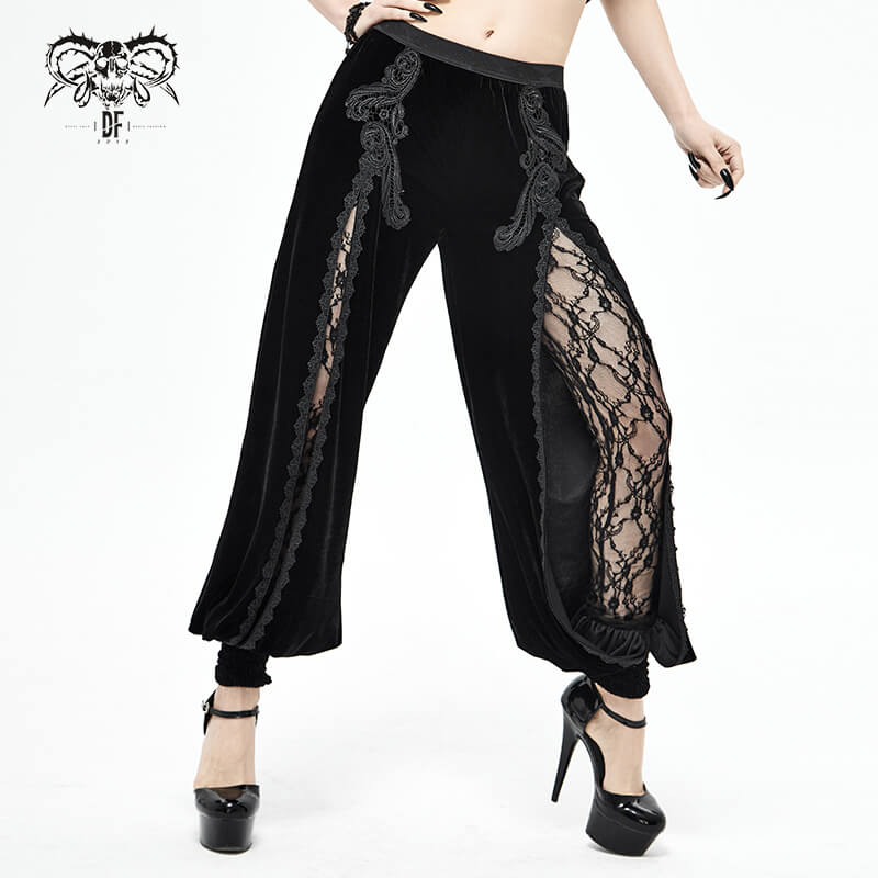 Gothic women's black velvet flared pants with lace inserts and stylish design, perfect for vintage-inspired outfits.