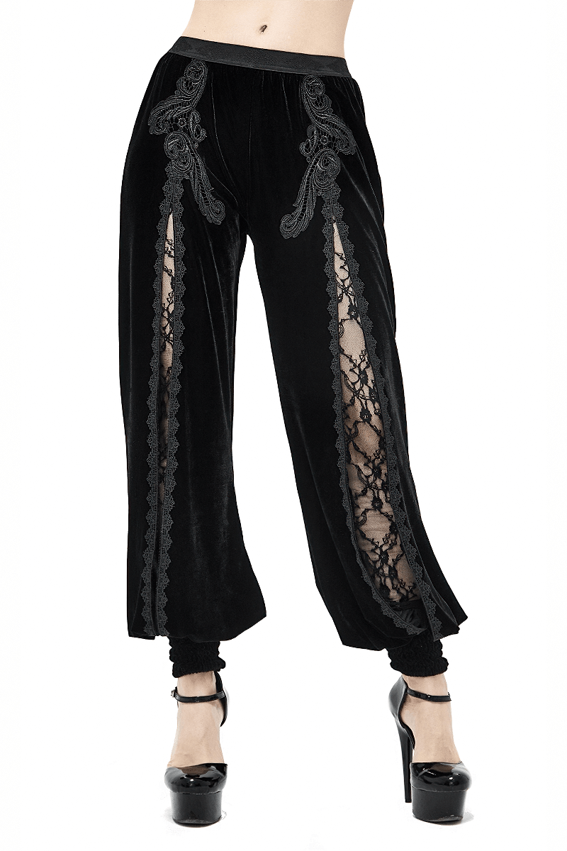 Women's Gothic Floral Embroidered Furcal Black Pants / Ladies Velvet Flared Trousers - HARD'N'HEAVY