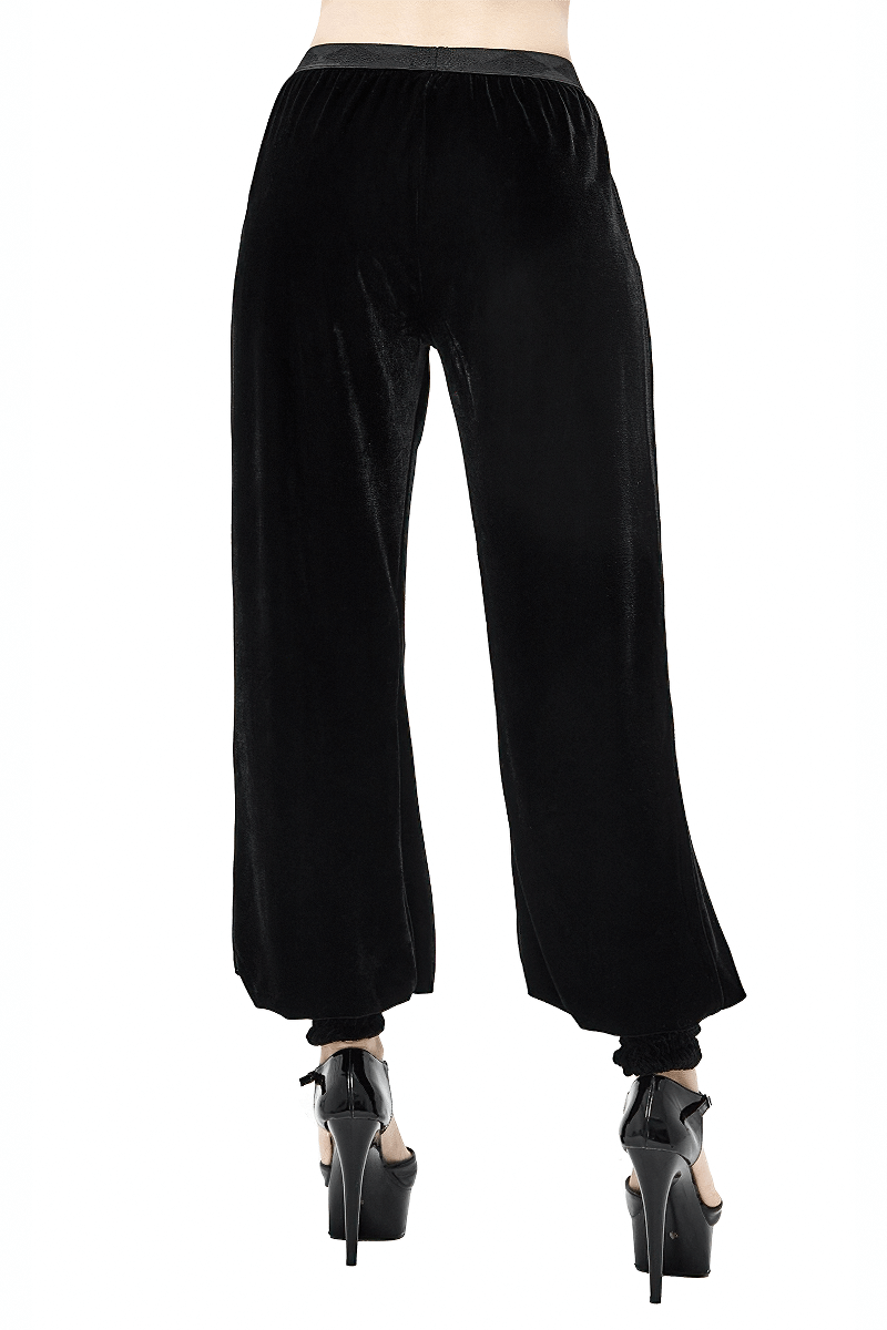 Women's Gothic Floral Embroidered Furcal Black Pants / Ladies Velvet Flared Trousers - HARD'N'HEAVY