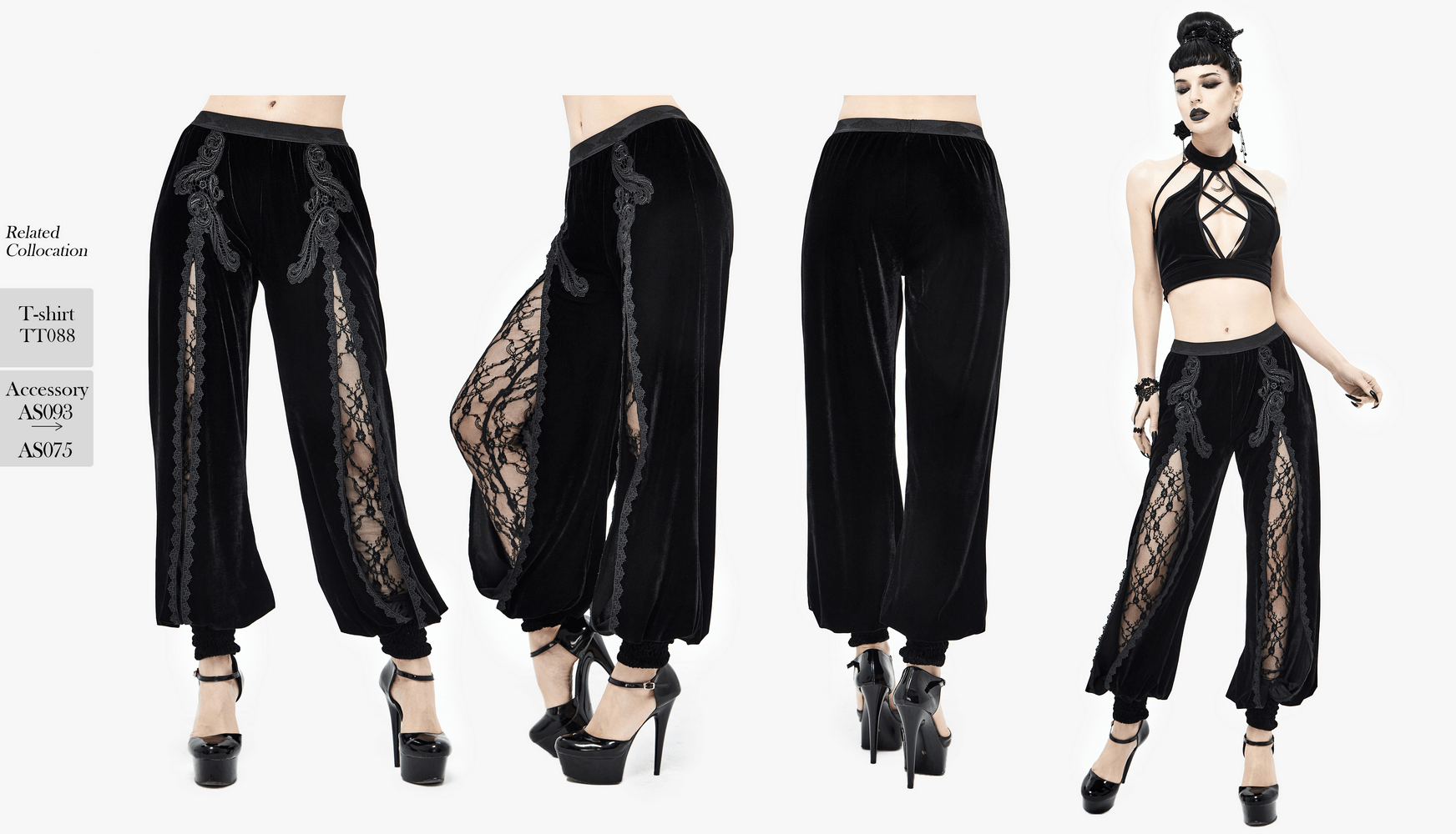 Stylish women's black velvet flared pants with lace inserts, showcasing gothic vintage fashion.