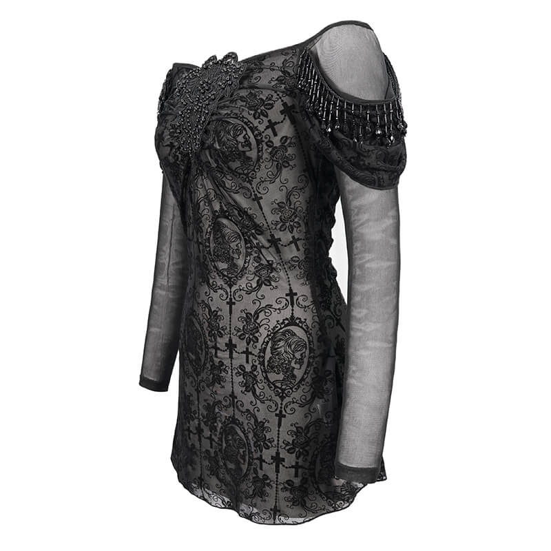 Elegant women's gothic black lace top with floral embroidery and sheer long sleeves, perfect for a luxurious style.