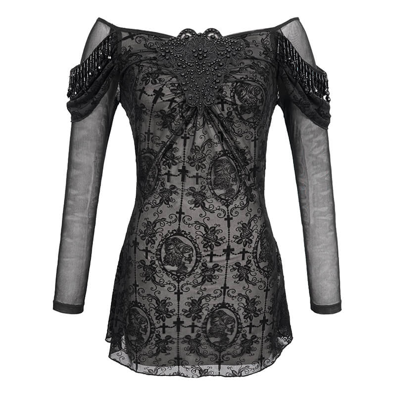 Elegant women's gothic black lace top with sheer long sleeves and detailed embroidery, perfect for chic, edgy outfits.