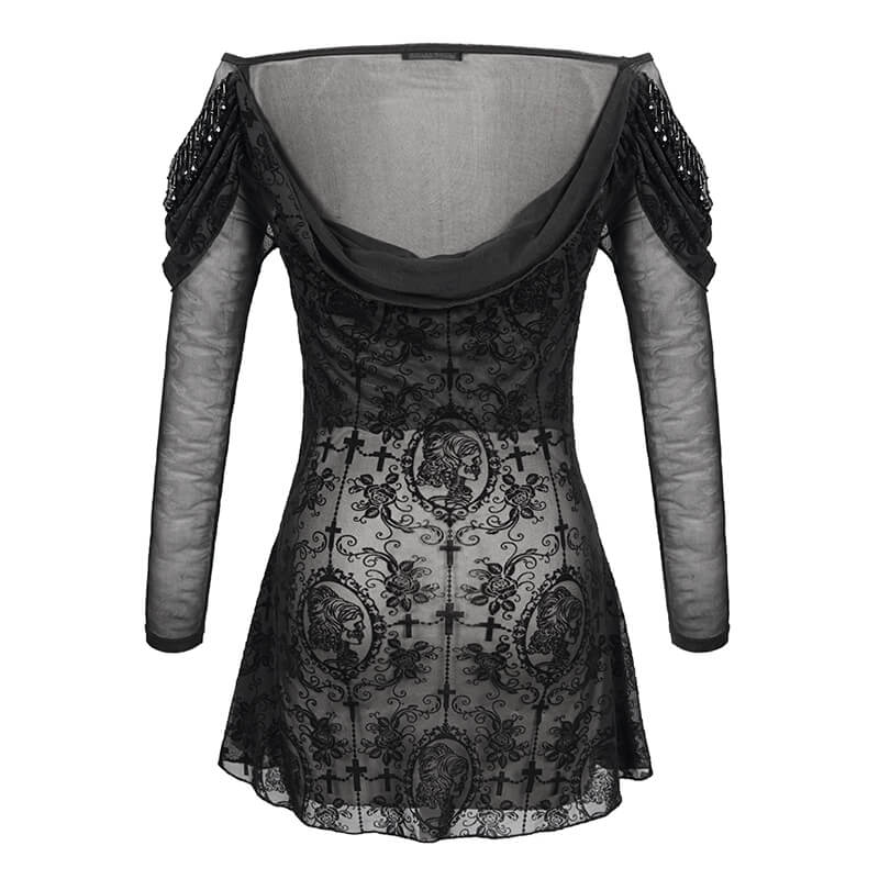 Elegant women's gothic floral embroidered sheer black top with long sleeves and a stylish scoop neckline.