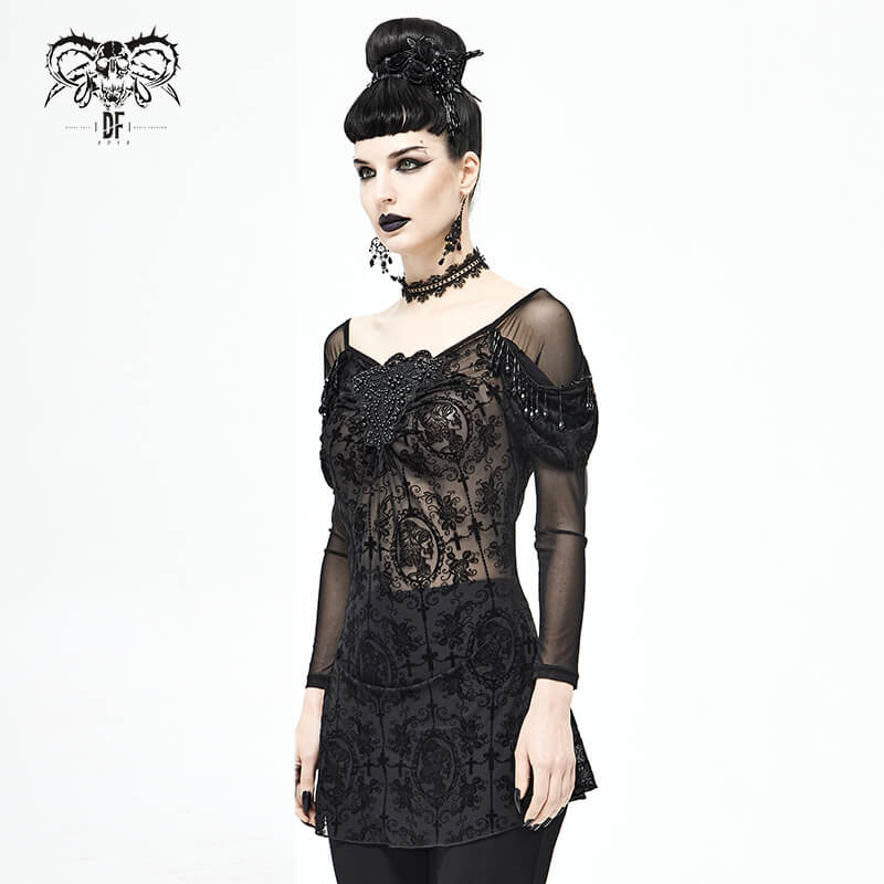 Elegant women's gothic black lace top with sheer long sleeves and floral embroidery, perfect for a luxurious wardrobe.