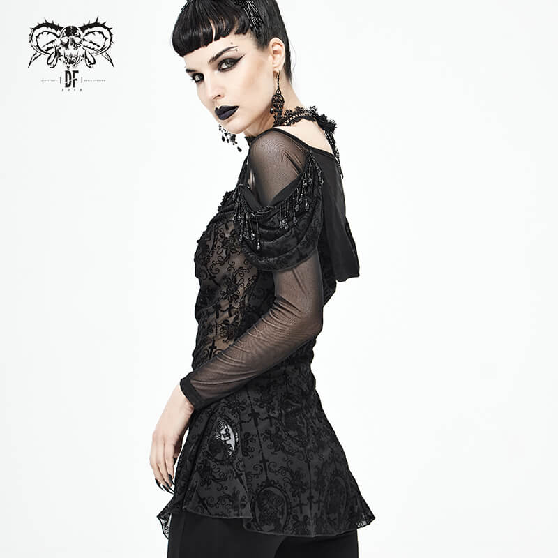 Elegant women's gothic floral lace top in black, showcasing sheer long sleeves and intricate embroidery.