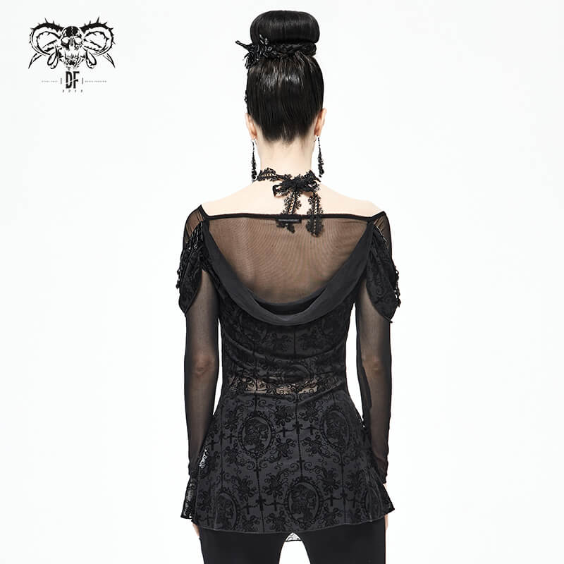 Elegant women's gothic black lace top showcasing sheer back design and ornate details for a luxurious look.