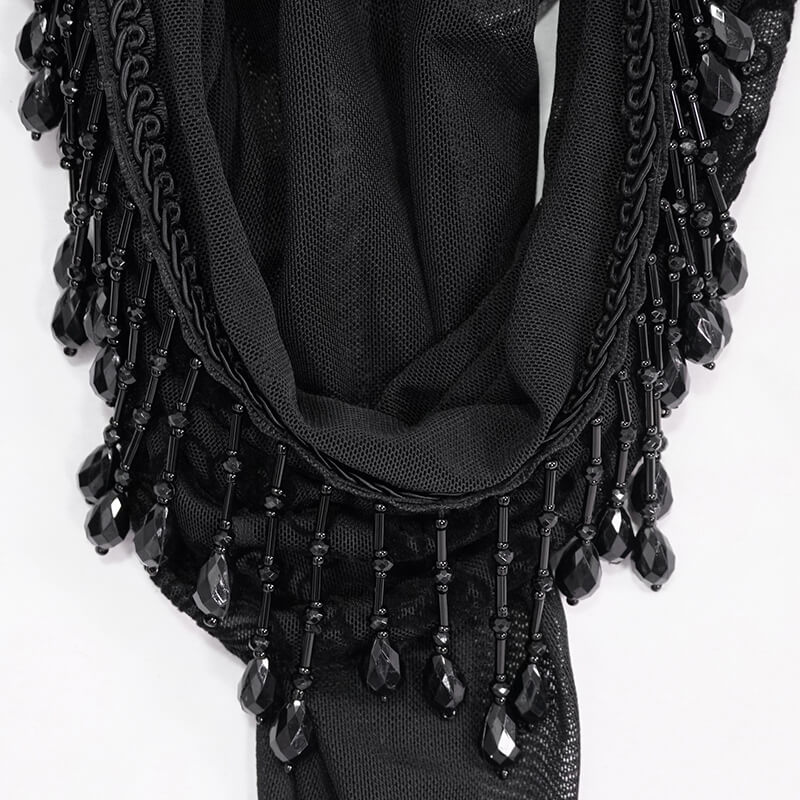 Elegant black scarf with intricate beaded fringe for a gothic-inspired accessory.