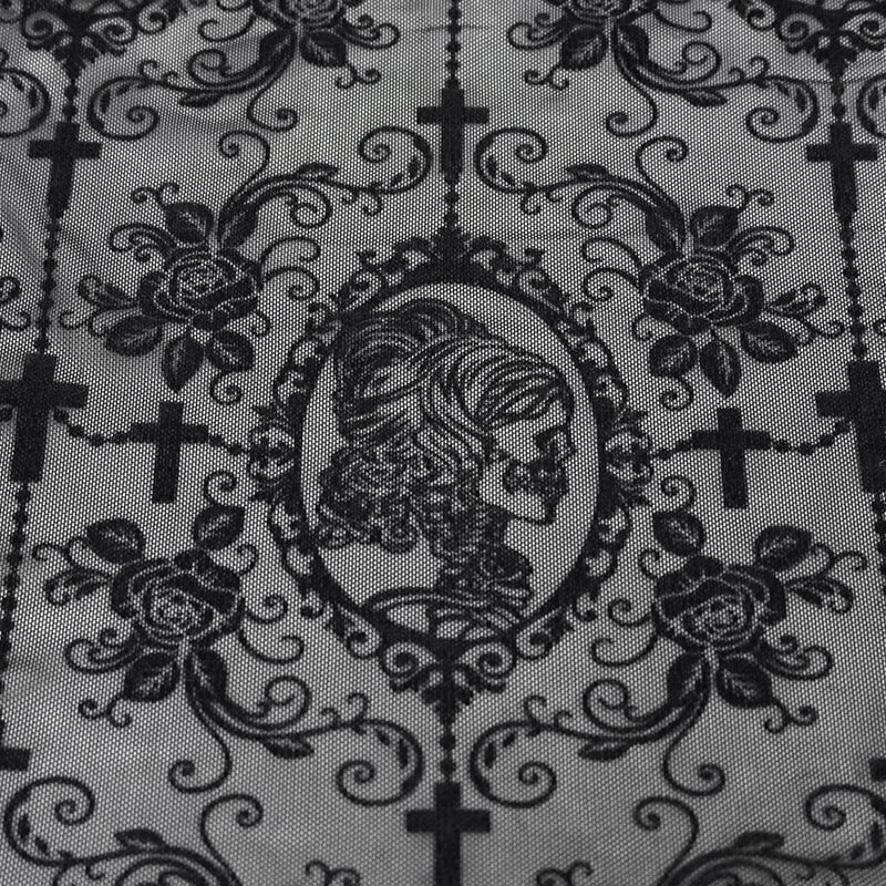 Detailed black lace featuring gothic roses and skulls, perfect for a stylish Gothic black top.