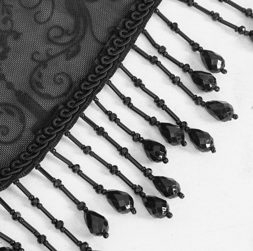 Elegant black lace detail with shimmering beaded strands, perfect for gothic fashion enthusiasts.