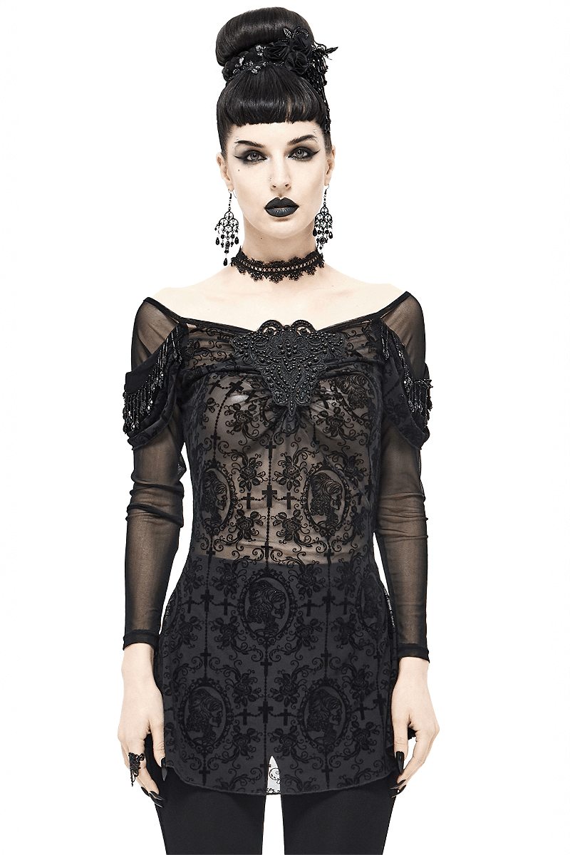Elegant women's gothic floral embroidered sheer black top with lace long sleeves, perfect for a stylish wardrobe.