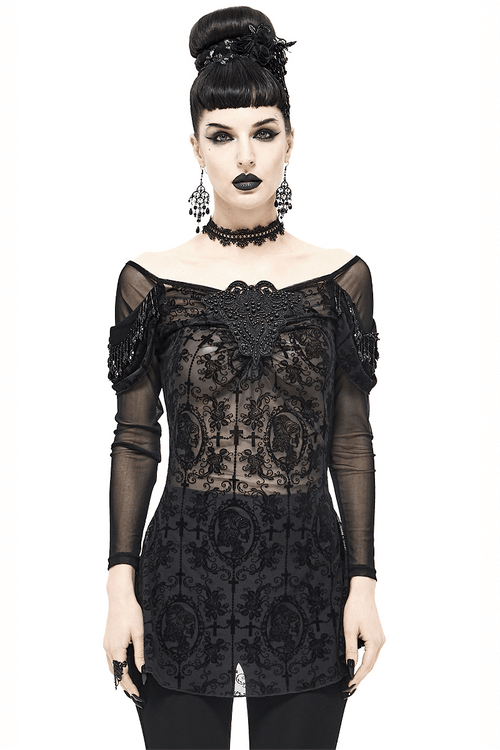 Women's Gothic Floral Embroidered Sheer Black Top / Fashion Female Lace Long Sleeve Tops