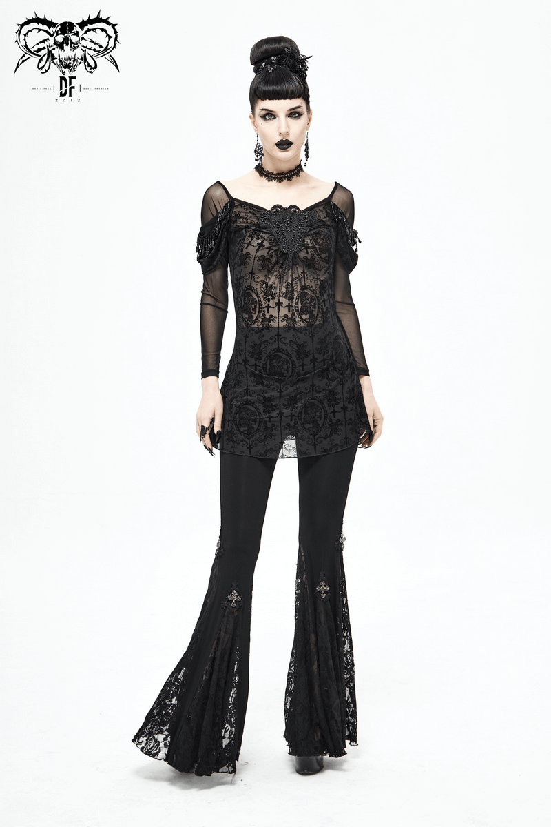 Women's gothic floral embroidered sheer black top with lace long sleeves, perfect for a luxurious, stylish look.