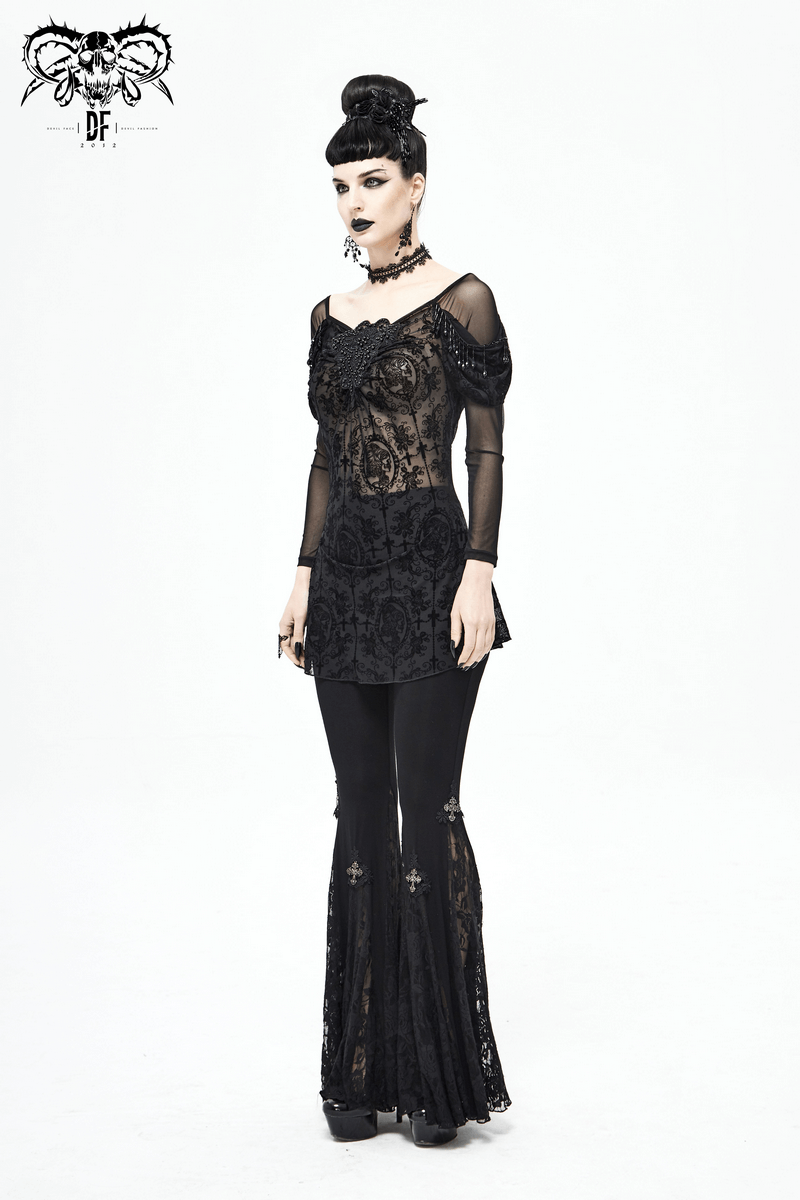 Elegant women's gothic floral embroidered sheer black top paired with stylish flared pants, showcasing a luxurious lace design.