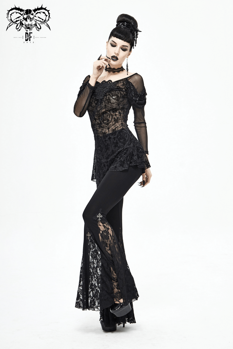 Gothic floral black lace top with sheer long sleeves, perfect for adding luxury to any wardrobe.