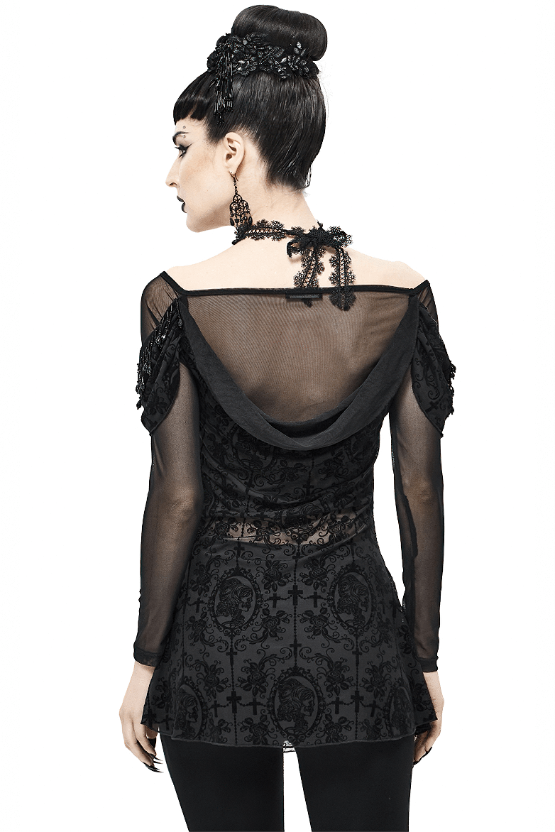 Women's gothic floral embroidered sheer black top with lace long sleeves and elegant back design.
