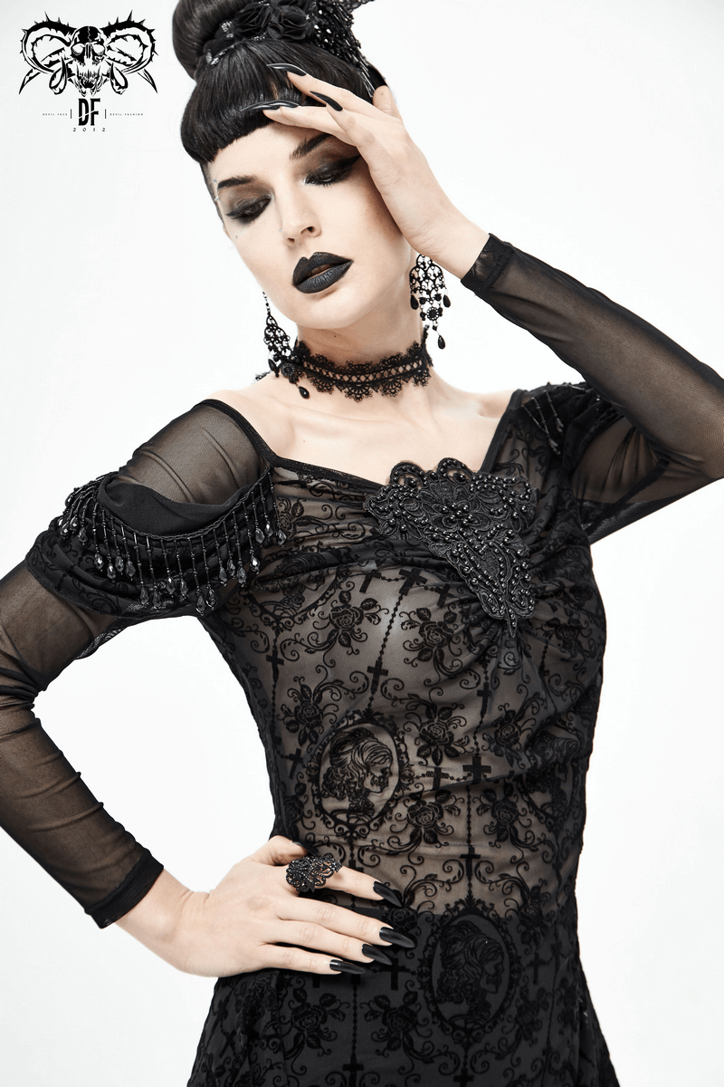 Women's Gothic Floral Embroidered Sheer Black Top / Fashion Female Lace Long Sleeve Tops - HARD'N'HEAVY