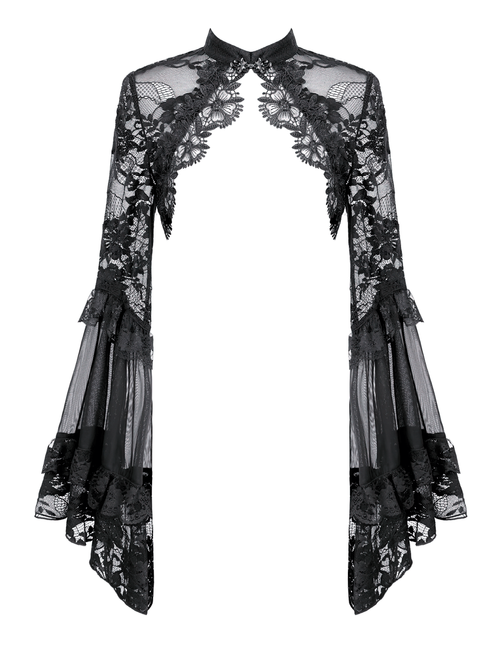 Women's Gothic Floral Lace Bolero with Bell Sleeves showcasing black floral lace and sheer ruffled cuffs.