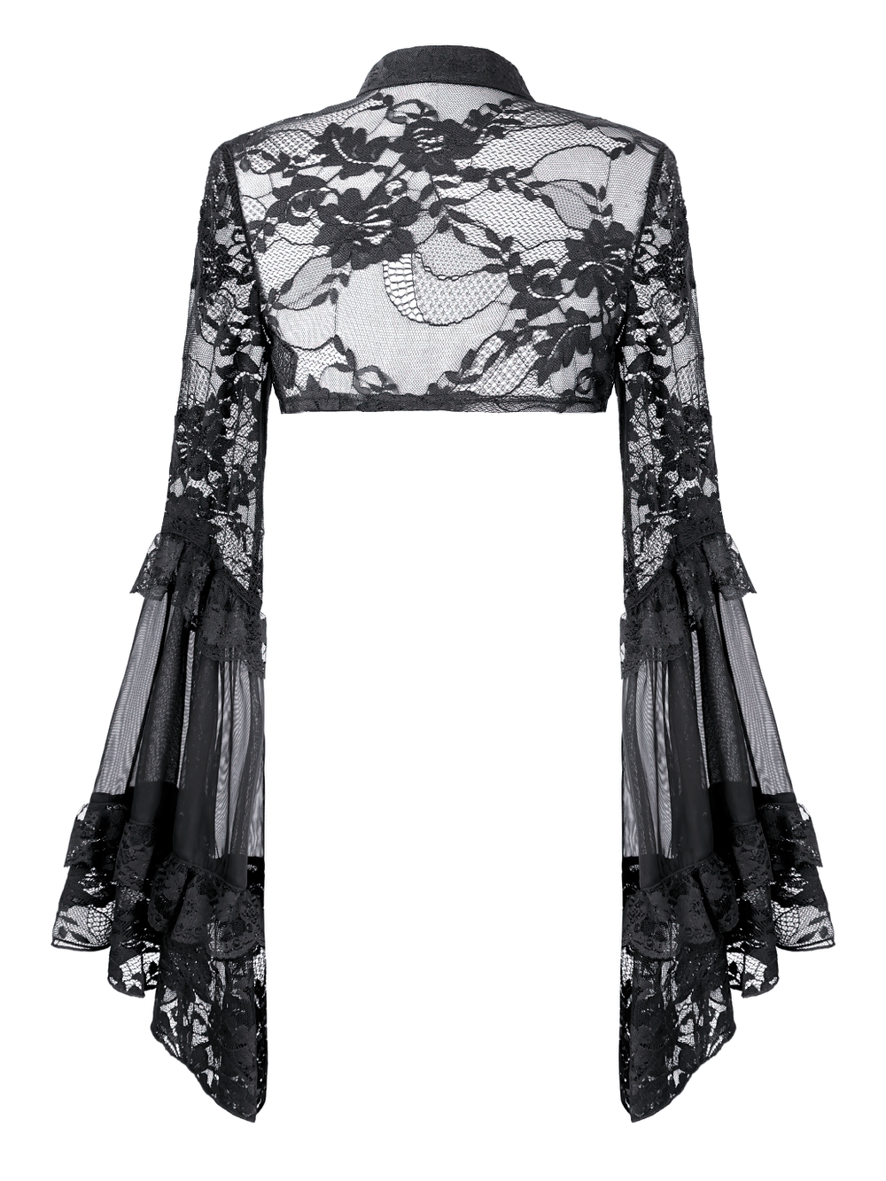 Women's Gothic Floral Lace Bolero with Bell Sleeves featuring sheer ruffled cuffs and floral lace panels.
