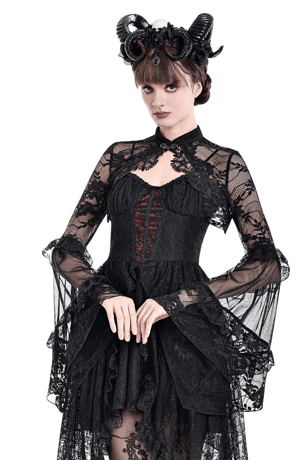 Women's Gothic Floral Lace Bolero with Bell Sleeves styled with ruffled cuffs and a dramatic black lace design.