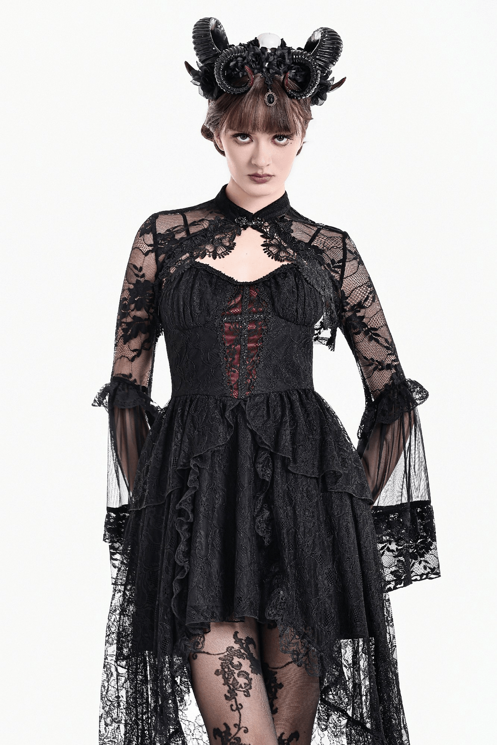 Women's Gothic Floral Lace Bolero with Bell Sleeves worn by model with dark accessories and dramatic attire.