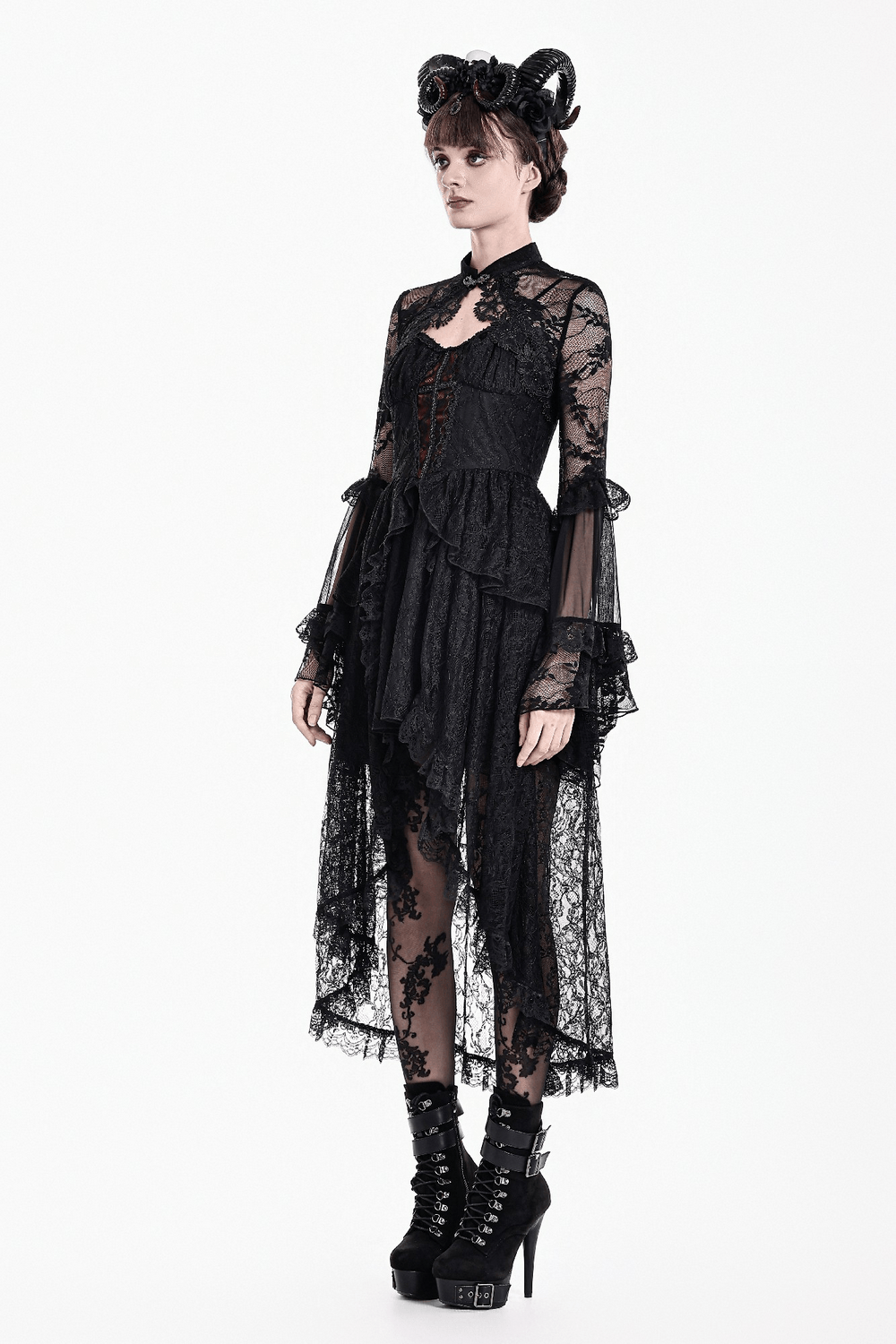 Women's Gothic Floral Lace Bolero with Bell Sleeves, featuring sheer ruffle cuffs and floral lace in an elegant silhouette.